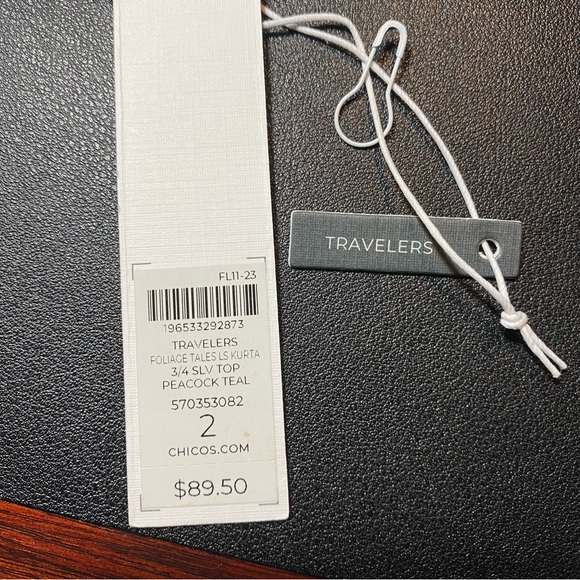 Chico’s Travelers Tunic size 2 (12/14) Foliage Tales Kurta 3/4 top Black Teal - Picture 10 of 13